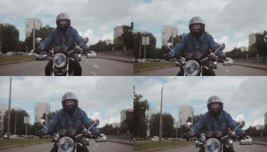 穿着蓝色牛仔夹克的男人骑着他的摩托车高清在线视频素材下载