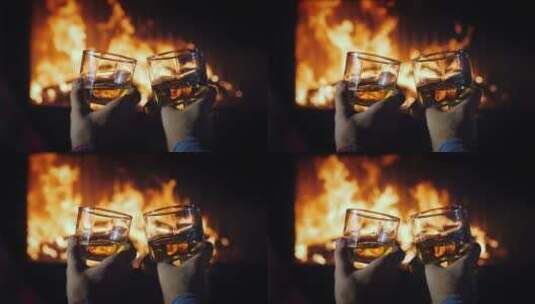 男士在壁炉前喝威士忌高清在线视频素材下载