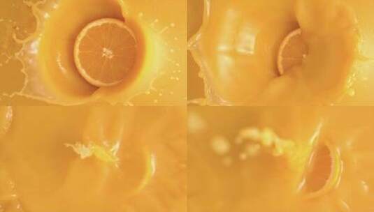 一片橙子落入橙汁慢动作饮料广告三维流体高清在线视频素材下载