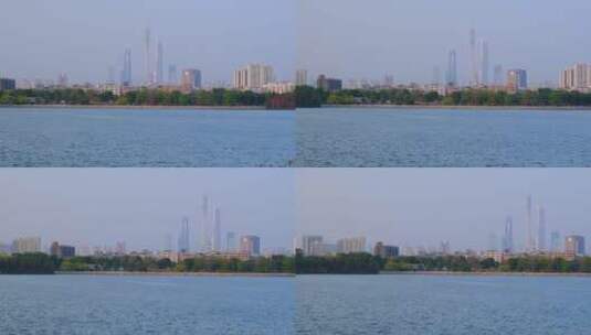 广州海珠湖湿地公园望珠江新城CBD摩天大楼高清在线视频素材下载