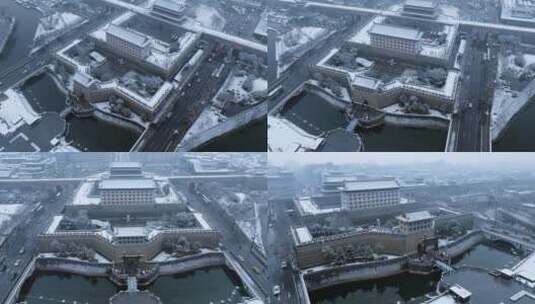 航拍西安城墙永宁门雪景高清在线视频素材下载