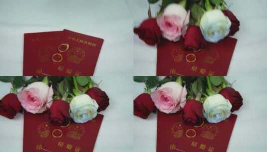 4K情人节领结婚证戒指玫瑰花升格视频高清在线视频素材下载