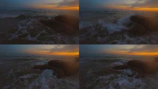 三亚海边日落沙滩岩石海浪高清在线视频素材下载