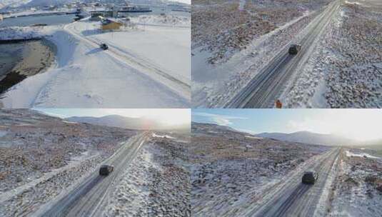 4K冬季新疆冰天雪地公路行驶汽车航拍合集高清在线视频素材下载