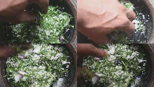 在斯里兰卡，可食用的树叶被称为德雷吉阿·沃比利斯，在陶罐中作为食物制作高清在线视频素材下载