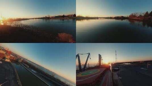 FPV无人机航拍日出运河货轮河流树林大海高清在线视频素材下载