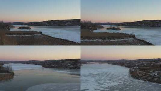 航拍清晨日出陕北冰封的河高清在线视频素材下载