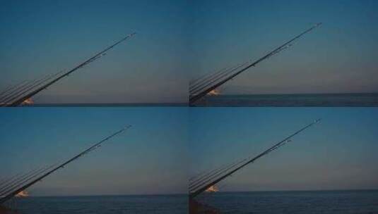 烟台海边日落蓝调时刻钓鱼竿空镜氛围感大海高清在线视频素材下载