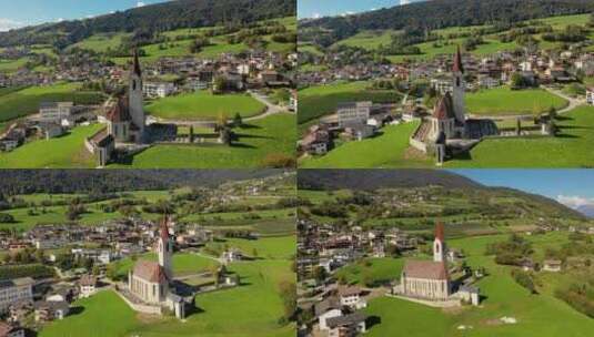 鸟瞰山谷里的教堂高清在线视频素材下载