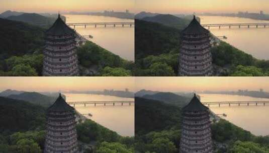 杭州六和塔日出航拍高清在线视频素材下载