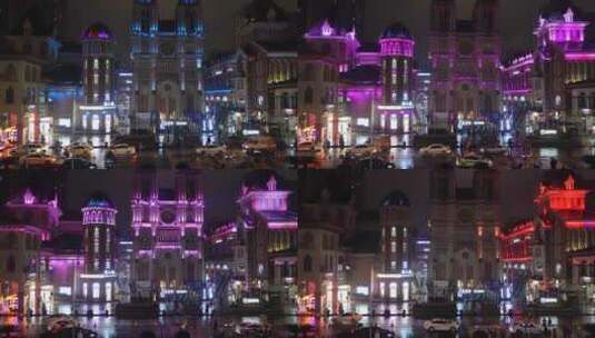 武汉城市光谷步行街欧式建筑群夜景街景高清在线视频素材下载