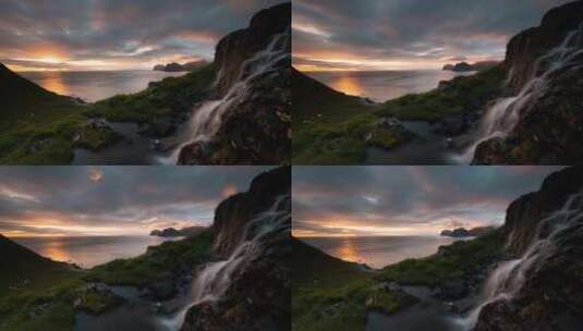 4k延时拍摄海边黄昏跟瀑布高清在线视频素材下载