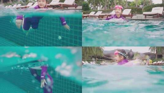 小女孩快乐的在酒店游泳池玩耍戏水高清在线视频素材下载