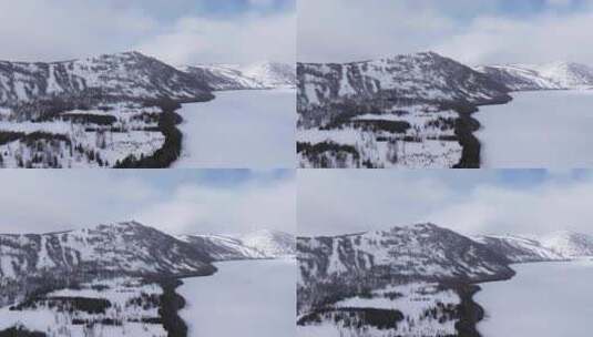 冬季喀纳斯河流晨雾雪山森林冰河观鱼台雪景高清在线视频素材下载