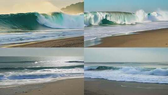 海边沙滩上汹涌澎湃的大浪高清在线视频素材下载