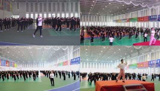 室内群体健身活动广场舞画面高清在线视频素材下载