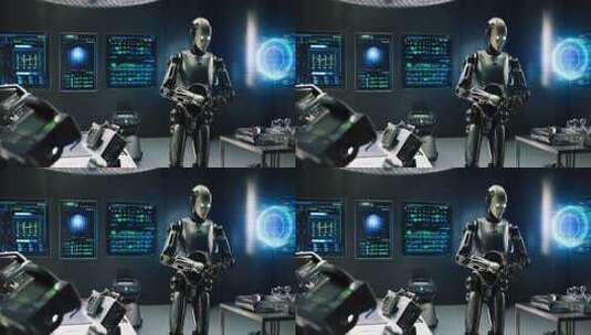 实验室中站立的智能机器人高清在线视频素材下载