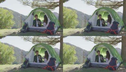 两个人在帐篷里休息高清在线视频素材下载