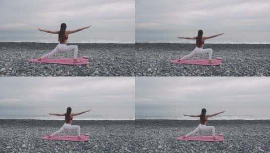 女人在锻炼并欣赏海景高清在线视频素材下载