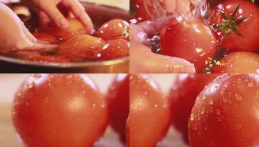 【镜头合集】水盆清水清洗浸泡西红柿高清在线视频素材下载