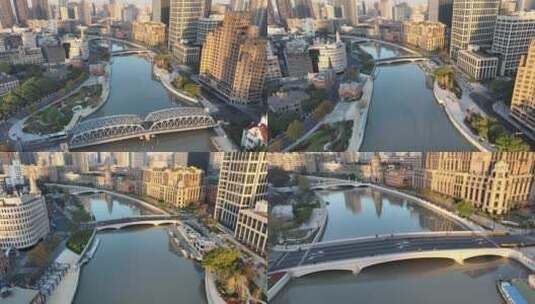 上海苏州河清晨航拍高清在线视频素材下载
