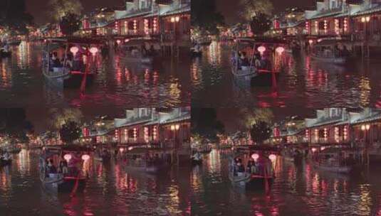 嘉兴西塘古镇河上游船夜景高清在线视频素材下载