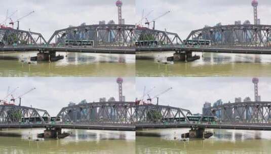 航拍上海城市外滩外白渡桥横移高清在线视频素材下载