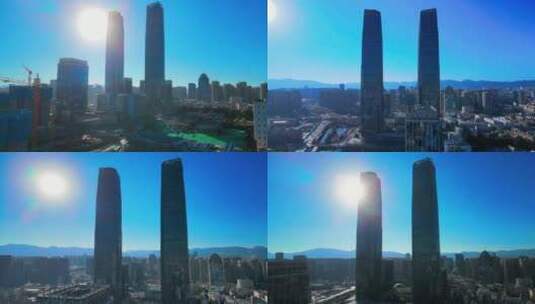 昆明双子塔金融商务摩天大楼航拍高清在线视频素材下载
