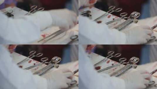 手术室桌子上沾血的手术器械高清在线视频素材下载