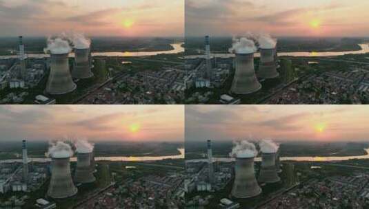 4K原创航拍夕阳下的工业发电厂高清在线视频素材下载