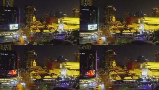 4K 上海夜景静安寺亮灯特写全景航拍视频高清在线视频素材下载