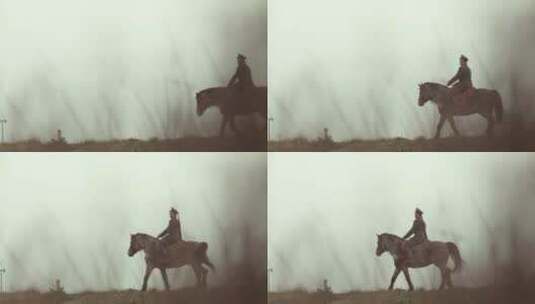 骑兵骑着马在迷雾中行走高清在线视频素材下载