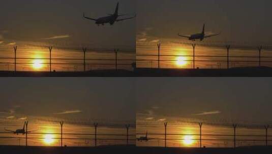 夕阳下飞机降落在机场的剪影高清在线视频素材下载
