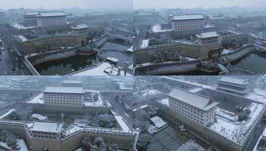 航拍西安城墙永宁门雪景高清在线视频素材下载