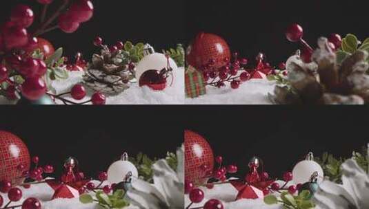 圣诞静物与树装饰浆果和松果在人造雪上高清在线视频素材下载