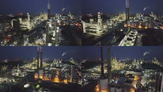 晚上石油炼化厂石化工厂夜景航拍高清在线视频素材下载