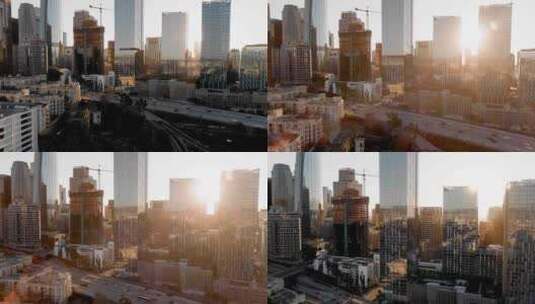 城市航拍加州洛杉矶汽车交通摩天大楼日出高清在线视频素材下载