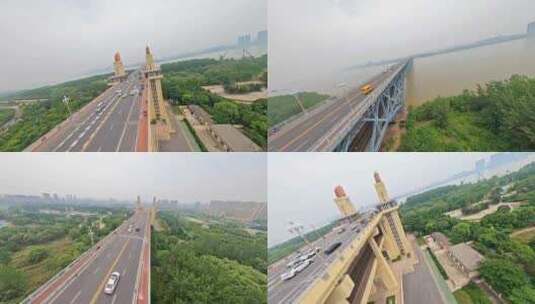 穿越机航拍南京长江大桥车流铁路轮船高清在线视频素材下载