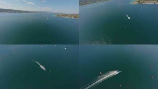FPV穿越机无人机航拍快艇急速行驶水翼赛艇高清在线视频素材下载