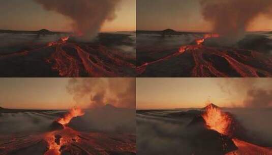 航拍火山活动 岩浆流动高清在线视频素材下载