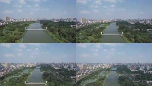 江苏宿迁城市风光绿化植物公园古运河航拍高清在线视频素材下载