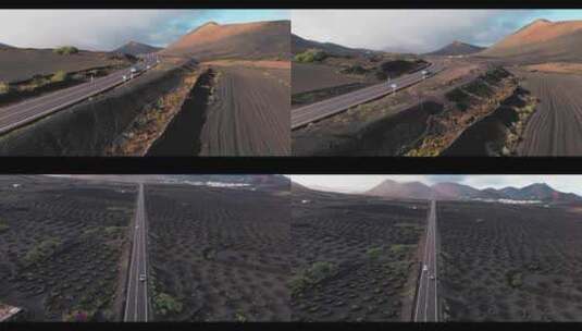 FPV无人机航拍汽车行驶过葡萄园兰萨罗特岛高清在线视频素材下载