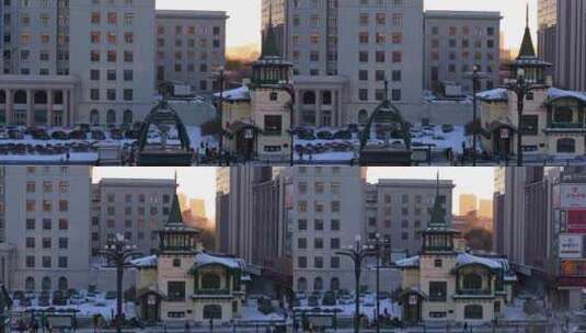 哈尔滨原中东铁路管理局局长的府邸雪景航拍高清在线视频素材下载