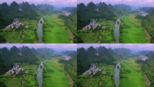 航拍桂林山水遇龙河竹筏高清在线视频素材下载