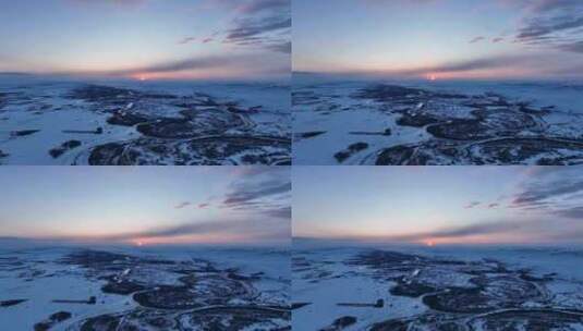 海拉尔河湿地冬天雪景日落晚霞高清在线视频素材下载