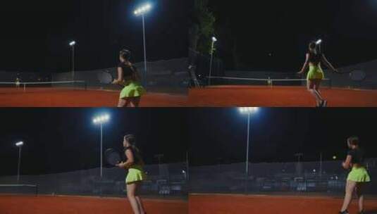 美丽的混血儿女子在夏夜的户外球场打网球高清在线视频素材下载