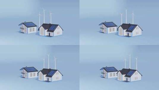 屋顶上的太阳能电池板，风力涡轮机。3D渲高清在线视频素材下载