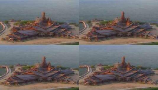 芭提雅日落时海边的寺庙建筑真理寺泰国圣地高清在线视频素材下载