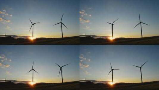 日落时风车风能发电的鸟瞰图高清在线视频素材下载