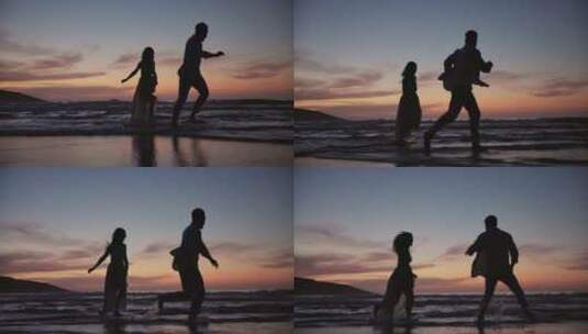 情侣、剪影和在海滩上奔跑，一起结合、泼水高清在线视频素材下载